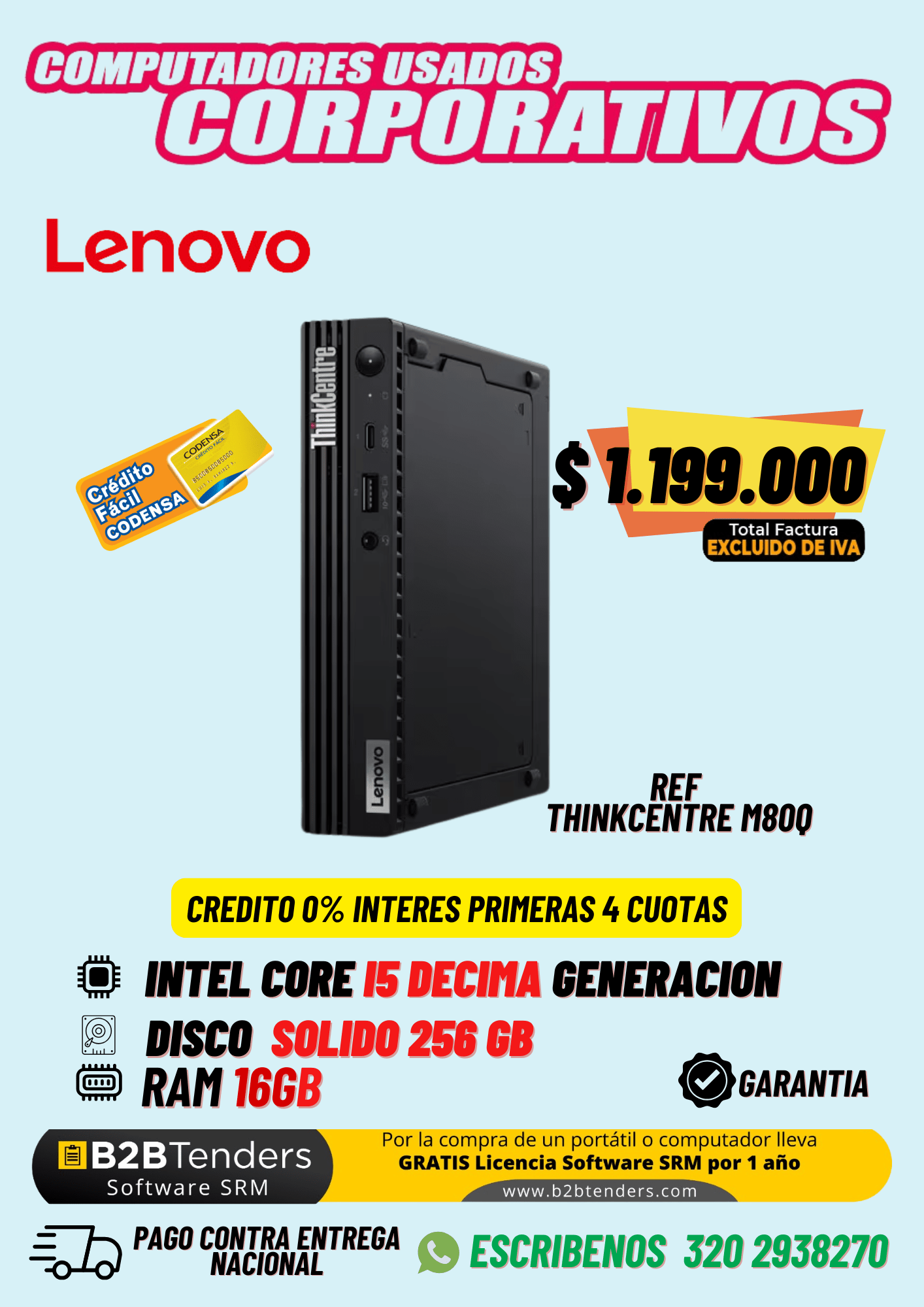 Lenovo ThinkCentre M80q Tiny – Mini PC Empresarial | Intel Core i5 10ma Gen | 16GB RAM | 256GB SSD